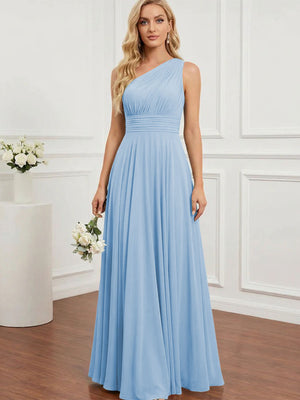 Chiffon One Shoulder Pleated Bridesmaid Dresses with Back Tie