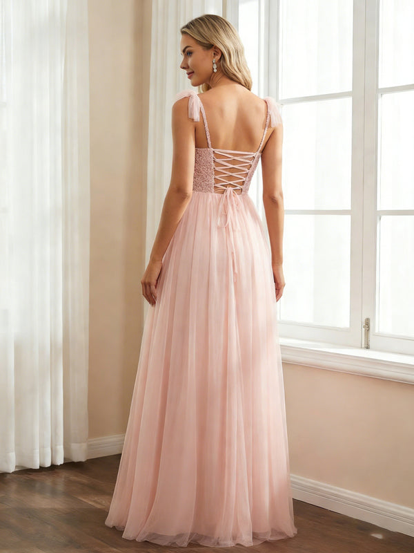 Tulle Sequin Bridesmaid Dresses A Line Wedding Guest Gowns with Slit