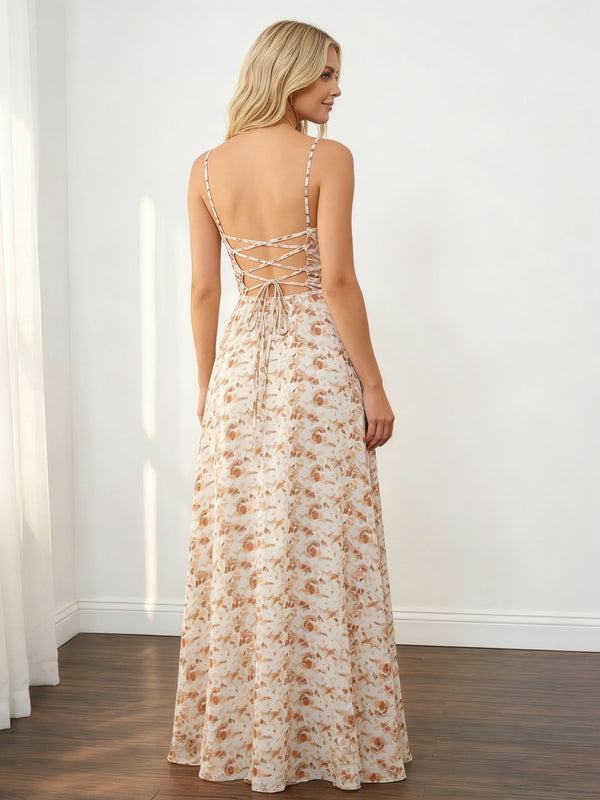 Chiffon Floral A Line Maxi Wedding Guest Dresses with Ruffles