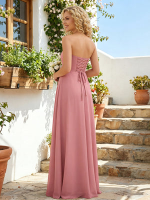 Chiffon Strapless A Line Long Bridesmaid Dresses with Back Tie