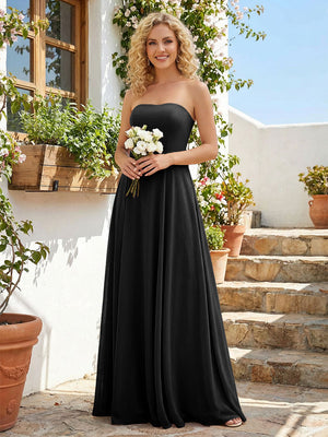 Chiffon Strapless A Line Long Bridesmaid Dresses with Back Tie