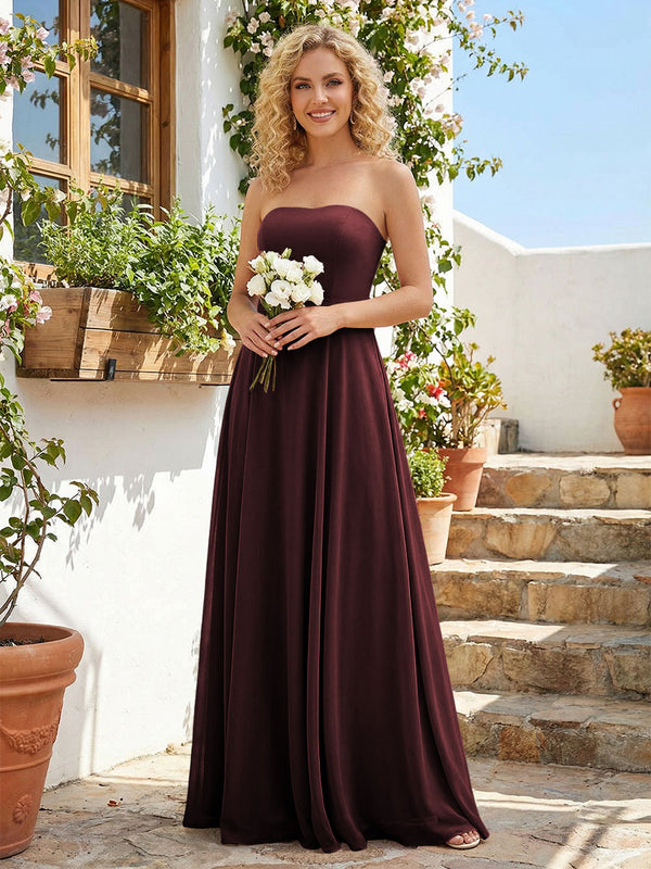 Chiffon Strapless A Line Long Bridesmaid Dresses with Back Tie
