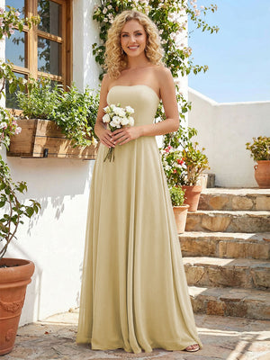 Chiffon Strapless A Line Long Bridesmaid Dresses with Back Tie