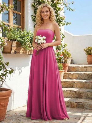 Chiffon Strapless A Line Long Bridesmaid Dresses with Back Tie