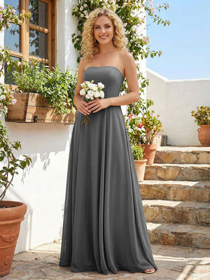 Chiffon Strapless A Line Long Bridesmaid Dresses with Back Tie