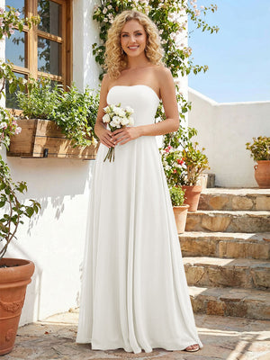 Chiffon Strapless A Line Long Bridesmaid Dresses with Back Tie