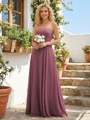 Chiffon Strapless A Line Long Bridesmaid Dresses with Back Tie