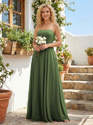 Chiffon Strapless A Line Long Bridesmaid Dresses with Back Tie