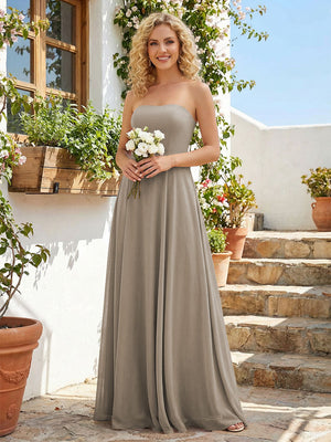 Chiffon Strapless A Line Long Bridesmaid Dresses with Back Tie