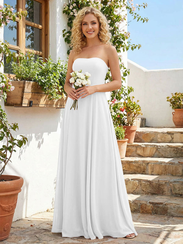 Chiffon Strapless A Line Long Bridesmaid Dresses with Back Tie