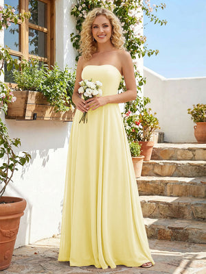 Chiffon Strapless A Line Long Bridesmaid Dresses with Back Tie