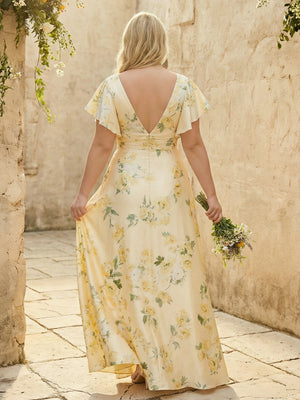 Floral V Neck Pleated A Line Bridesmaid Dresses