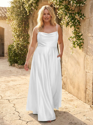 Spaghetti Straps Cowl Neck Satin Bridesmaid Dresses with Pockets