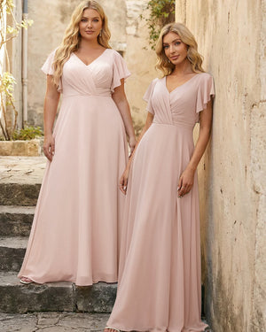 V Neck Ruffles Chiffon Pleated Bridesmaid Dresses