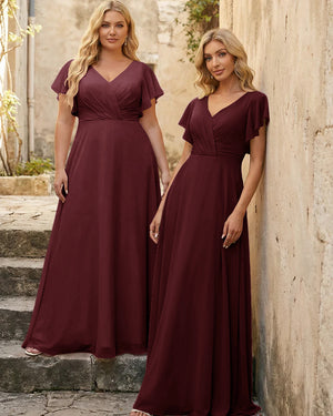 V Neck Ruffles Chiffon Pleated Bridesmaid Dresses