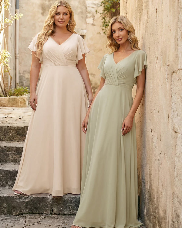 V Neck Ruffles Chiffon Pleated Bridesmaid Dresses