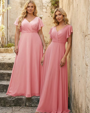 V Neck Ruffles Chiffon Pleated Bridesmaid Dresses