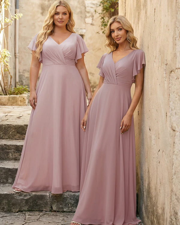 V Neck Ruffles Chiffon Pleated Bridesmaid Dresses