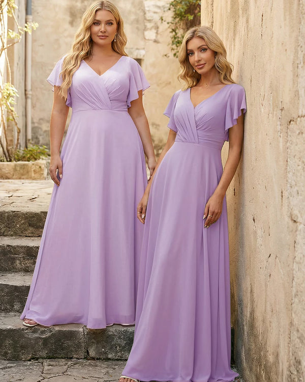 V Neck Ruffles Chiffon Pleated Bridesmaid Dresses