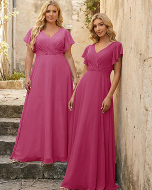 V Neck Ruffles Chiffon Pleated Bridesmaid Dresses