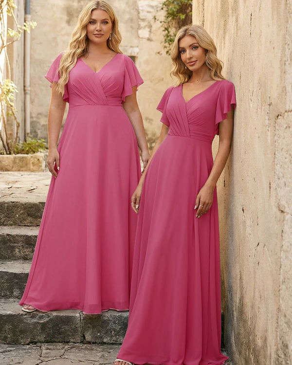 V Neck Ruffles Chiffon Pleated Bridesmaid Dresses