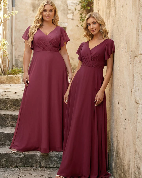 V Neck Ruffles Chiffon Pleated Bridesmaid Dresses