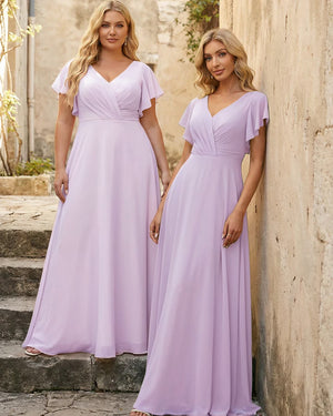 V Neck Ruffles Chiffon Pleated Bridesmaid Dresses