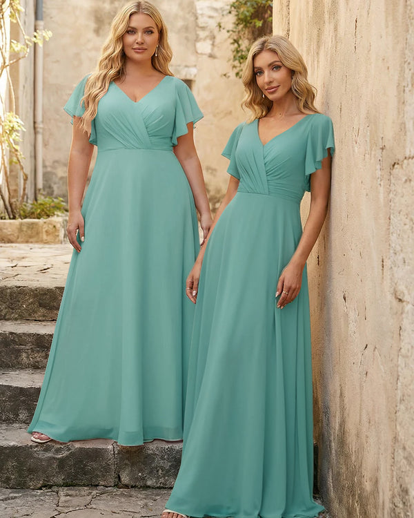 V Neck Ruffles Chiffon Pleated Bridesmaid Dresses