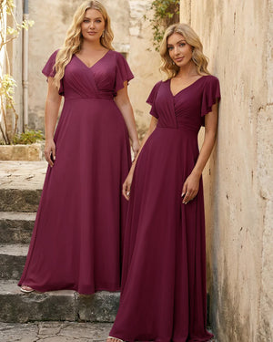 V Neck Ruffles Chiffon Pleated Bridesmaid Dresses