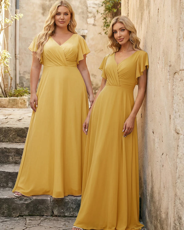V Neck Ruffles Chiffon Pleated Bridesmaid Dresses