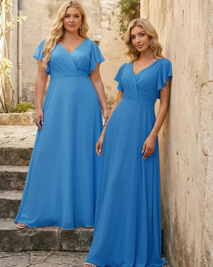 V Neck Ruffles Chiffon Pleated Bridesmaid Dresses