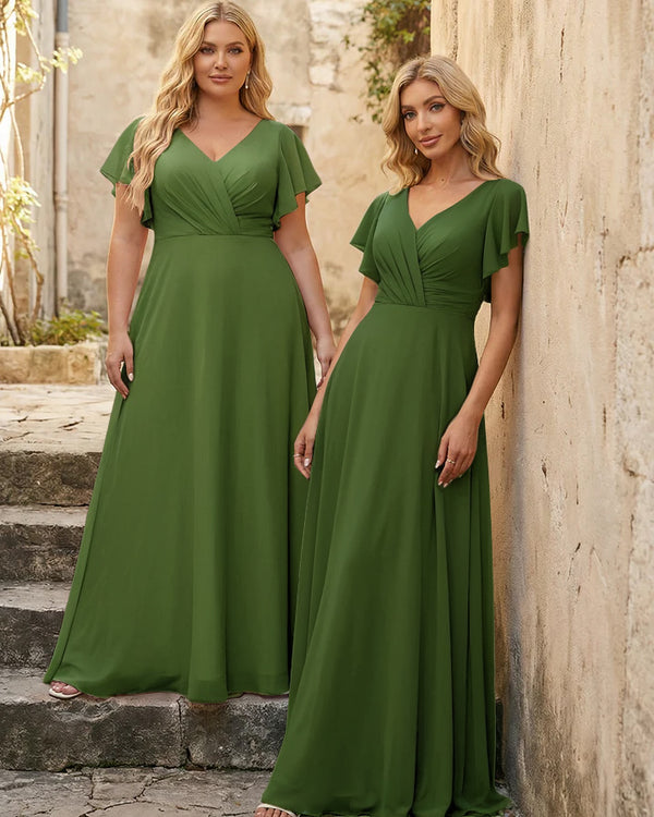 V Neck Ruffles Chiffon Pleated Bridesmaid Dresses