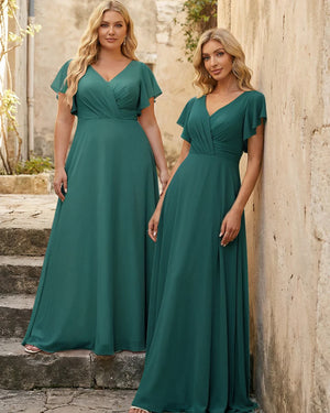 V Neck Ruffles Chiffon Pleated Bridesmaid Dresses