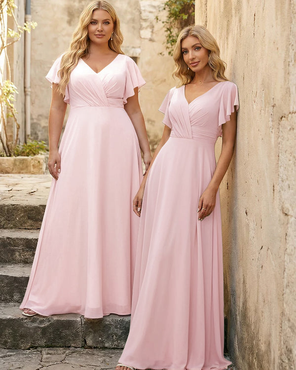 V Neck Ruffles Chiffon Pleated Bridesmaid Dresses