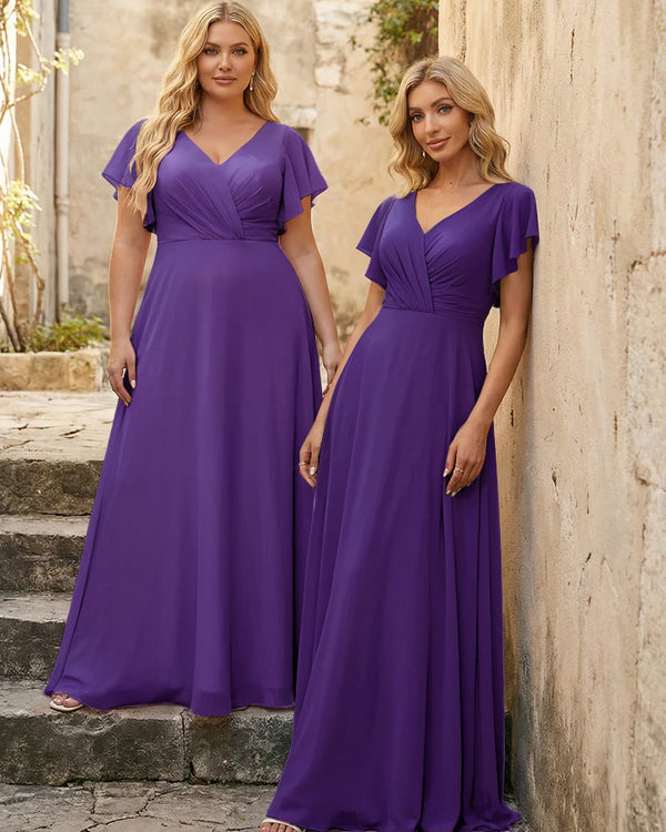 V Neck Ruffles Chiffon Pleated Bridesmaid Dresses