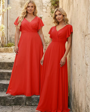 V Neck Ruffles Chiffon Pleated Bridesmaid Dresses