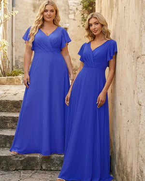 V Neck Ruffles Chiffon Pleated Bridesmaid Dresses