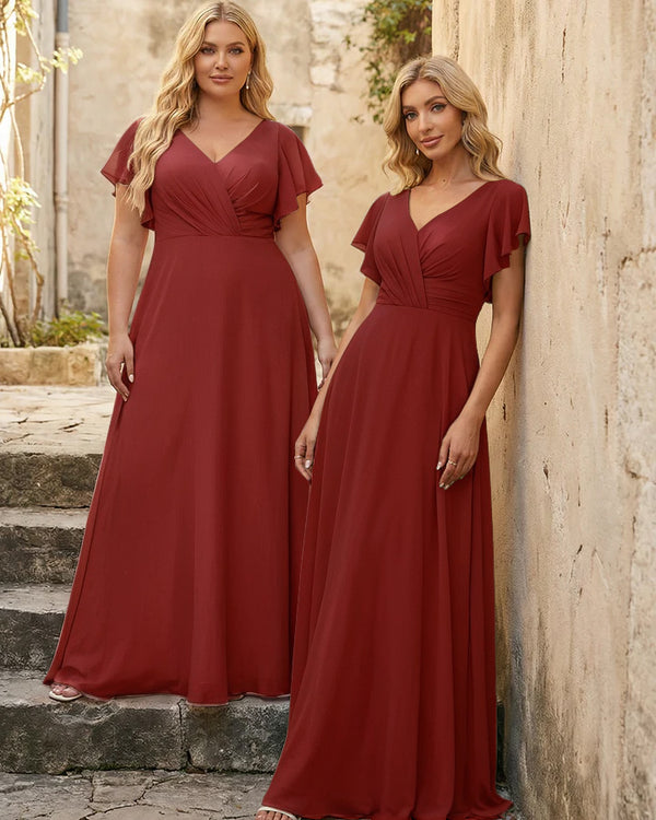 V Neck Ruffles Chiffon Pleated Bridesmaid Dresses