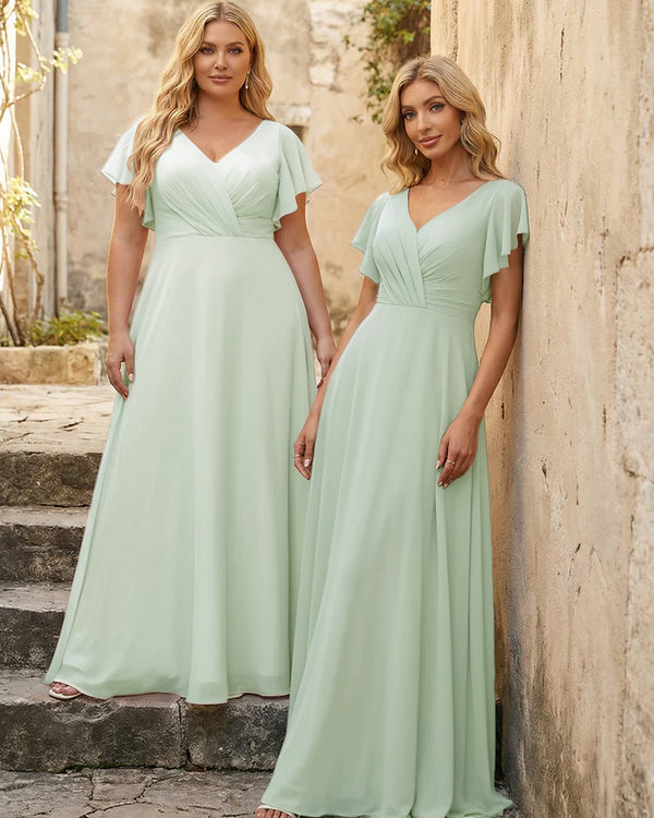 V Neck Ruffles Chiffon Pleated Bridesmaid Dresses