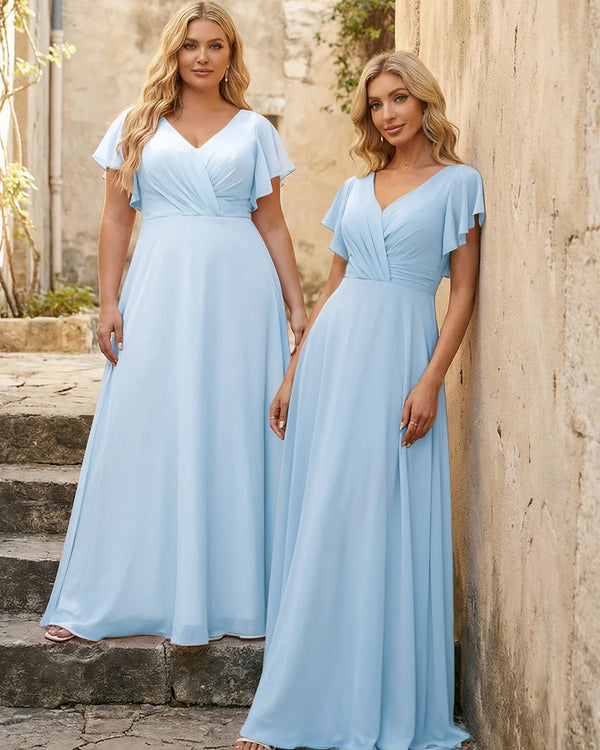 V Neck Ruffles Chiffon Pleated Bridesmaid Dresses