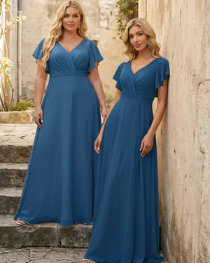 V Neck Ruffles Chiffon Pleated Bridesmaid Dresses