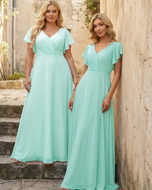 V Neck Ruffles Chiffon Pleated Bridesmaid Dresses