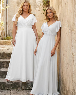 V Neck Ruffles Chiffon Pleated Bridesmaid Dresses