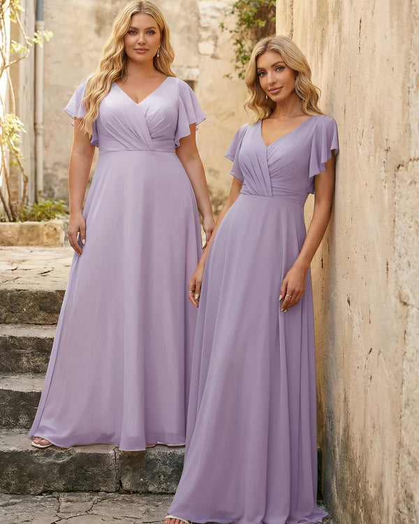 V Neck Ruffles Chiffon Pleated Bridesmaid Dresses