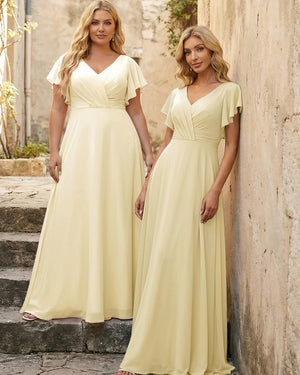 V Neck Ruffles Chiffon Pleated Bridesmaid Dresses