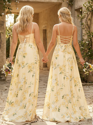 Cowl Neck Floral Side Slit Chiffon Pleated Bridesmaid Dresses