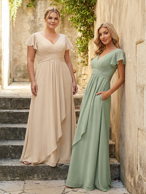 Chiffon V Neck Corset Pleated Bridesmaid Dresses