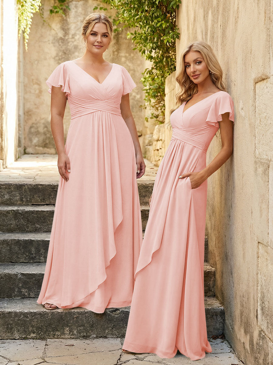 Chiffon V Neck Corset Pleated Bridesmaid Dresses