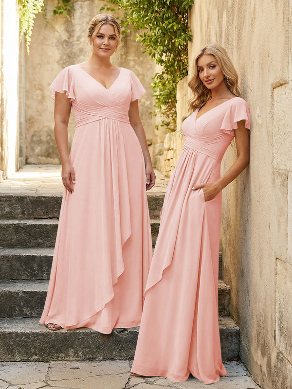 Chiffon V Neck Corset Pleated Bridesmaid Dresses