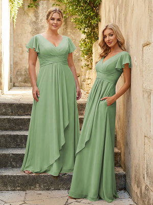 Chiffon V Neck Corset Pleated Bridesmaid Dresses